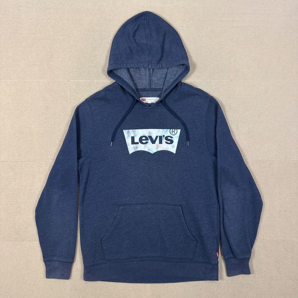 Levi's Batwing Logo Hoodie Mens L Navy Blue Distressed Style Graphic Sweatshirt